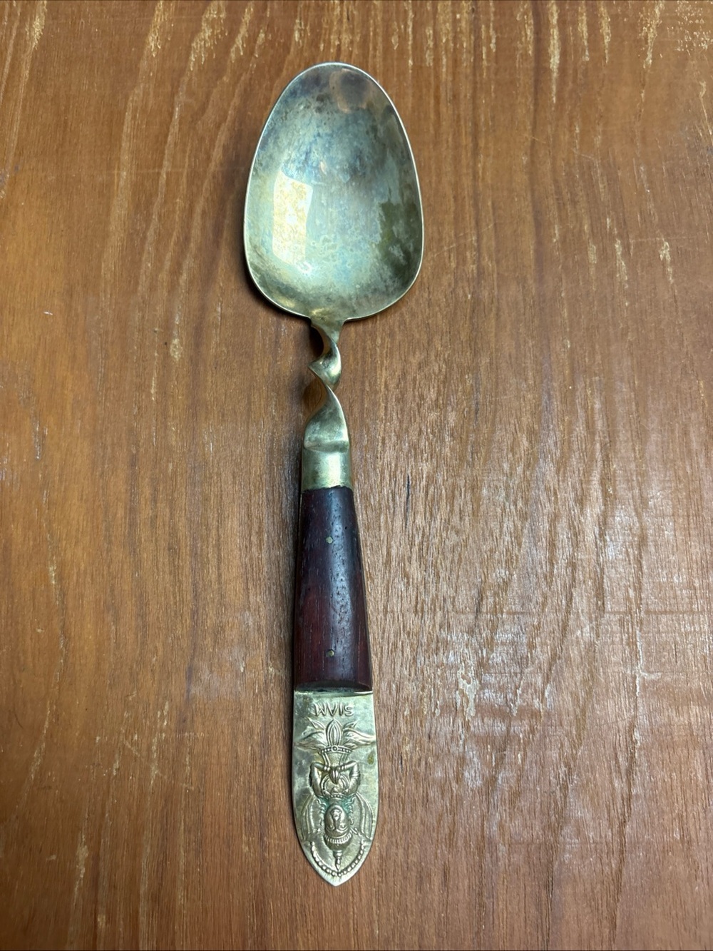 Vintage Siam Thailand Serving Spoon 8 inch Silverware Brass Wood Handle Flatware